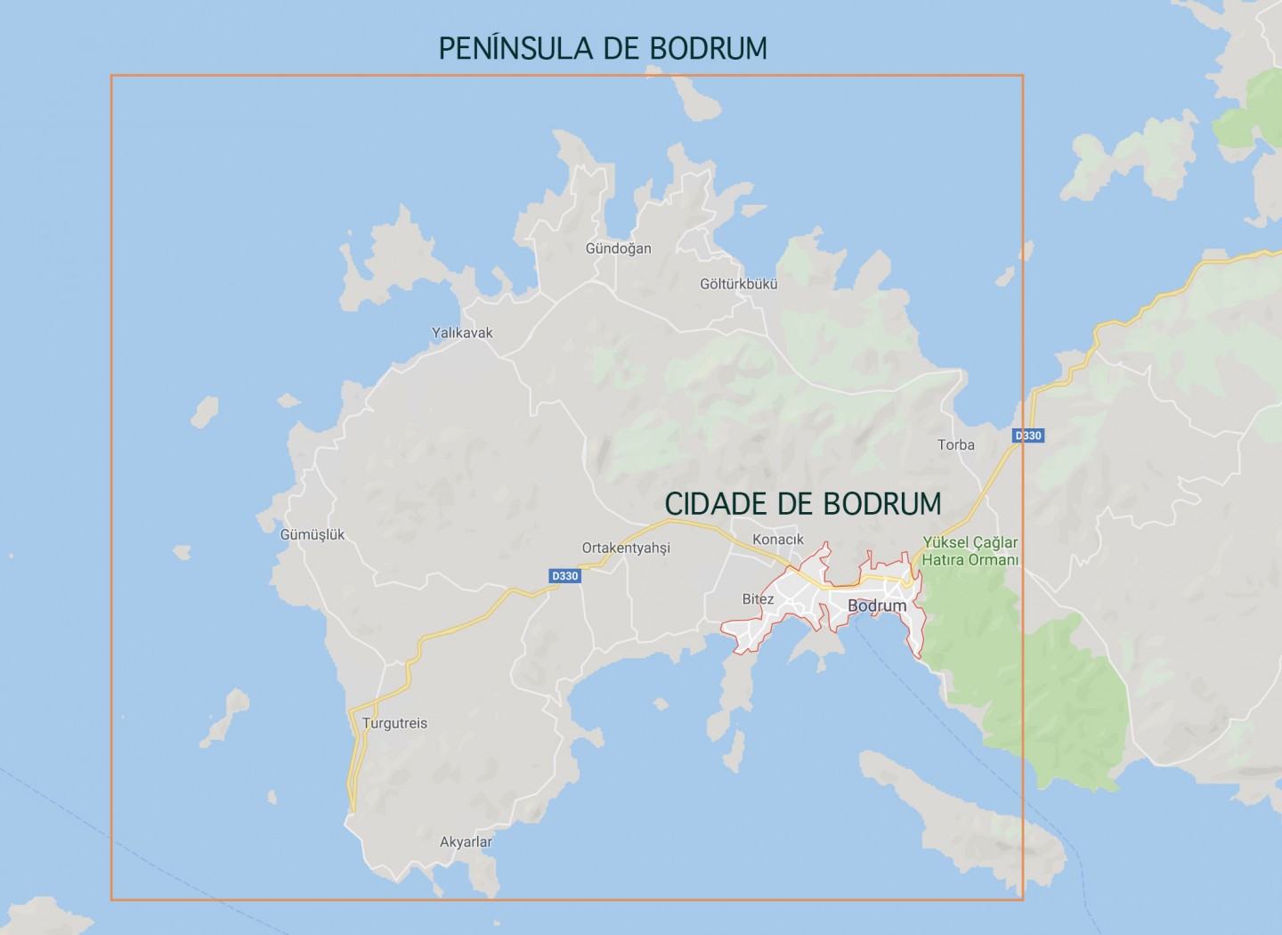 Mapa de Bodrum, na Turquia.